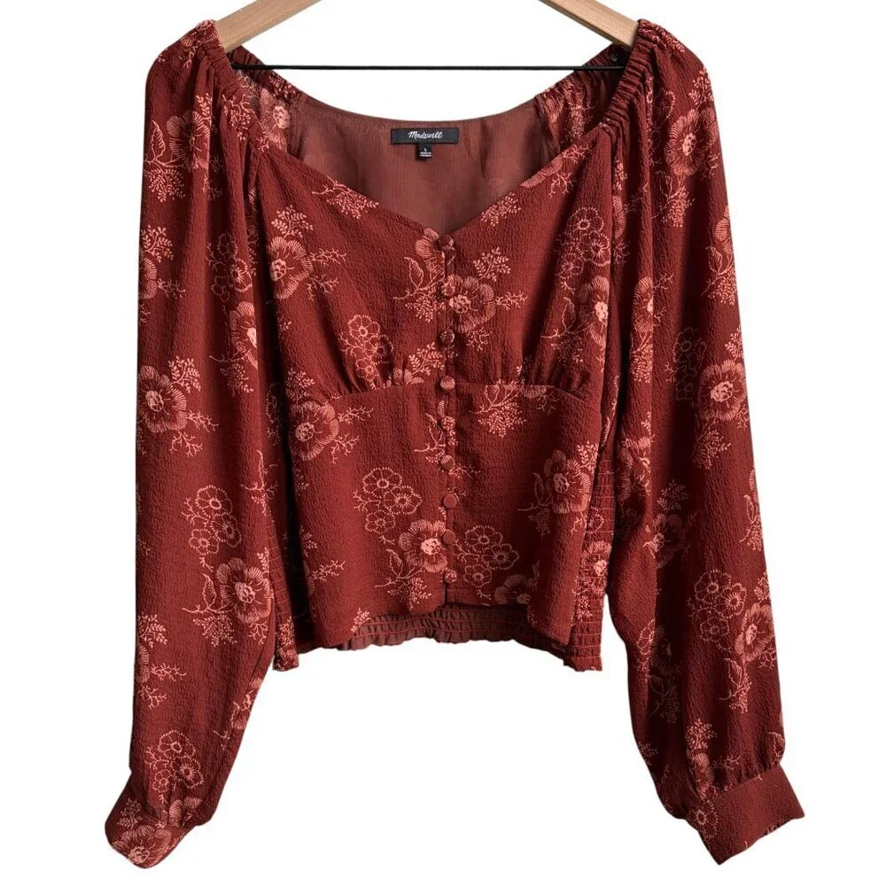Madewell Preston Puff-Sleeve Top in Red Letterpress Floral Large